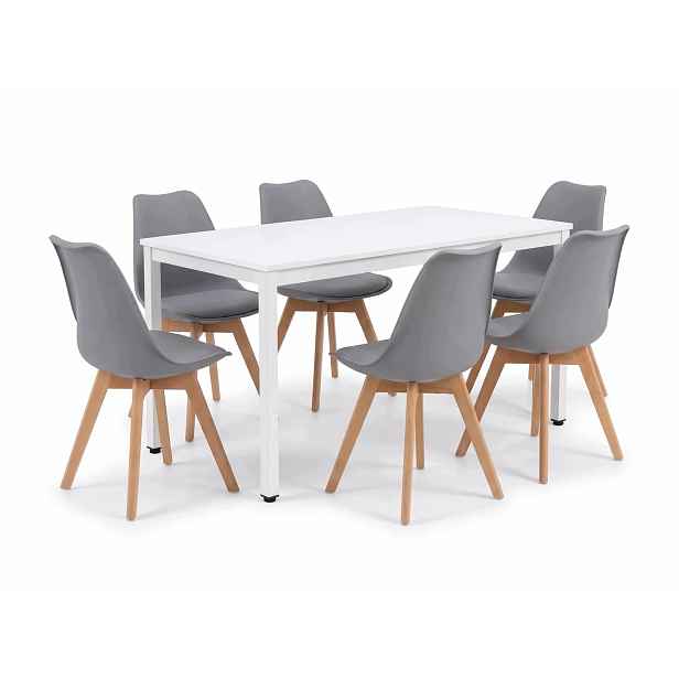 Stůl Loft 120x60 Bílý 6 skandinávských židlí s polštářem šedé barvy