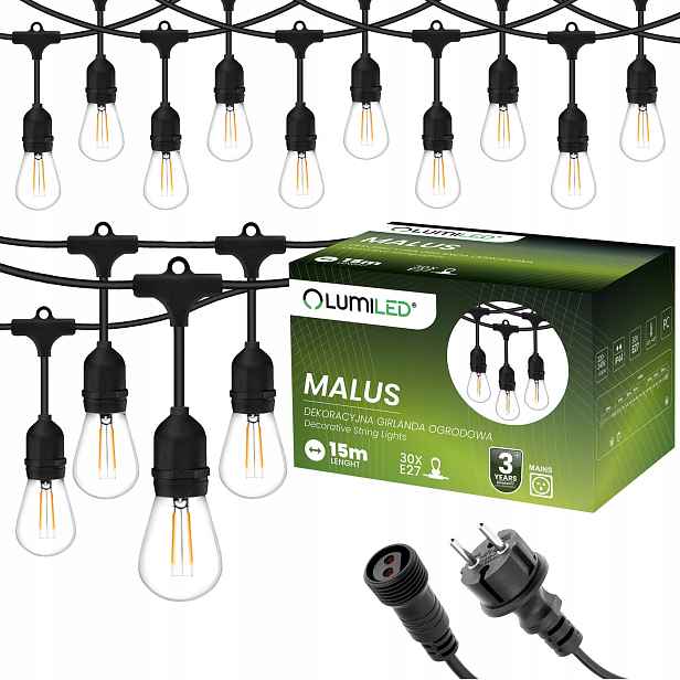 Venkovní zahradní girlanda Světelný Řetěz 15 m 30 Led E27 Žárovky 2W
