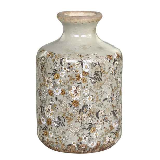 Zelená keramická dekorační váza s kvítky Florals Evry - Ø 11*17cm Chic Antique