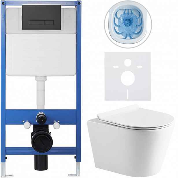 Kompletní WC set Profi/Carlito - bílá lesklá - WC tlačítko Slim/Černá matná - předstěnová instalace - 48,5x36,5 cm