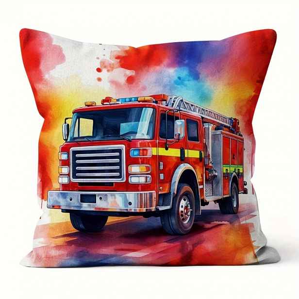 TEMU 2D plochá povlak na polštář ve stylu hasičského auta - 44.96X44.96 cm (17.7"X17.7") povlak na polštář s hasičskou tématikou se zapínáním na zip,