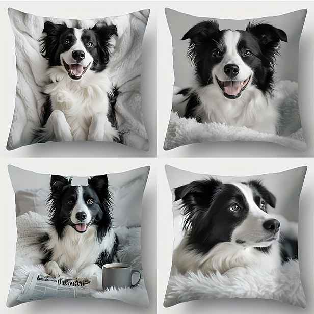TEMU 4ks Sada Potahů Na Vložku S Potiskem Border Collie - Štěstí A Zklamané Výrazy, Polyester, Lze Prát V Pračce, Zip, Ideální Pro Domácí Dekor A