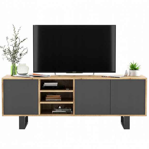 Meble Lindner TV stolek Apollo dub Wotan / grafit matný 150 cm s kovovými nohami