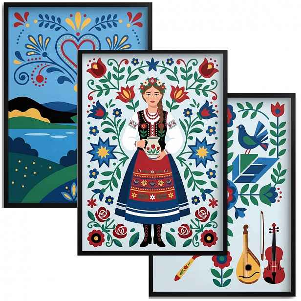 Sada 3 obrazů – Polský venkov a folklór Barevné rustikální plakáty