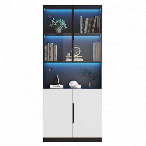Redom VITRÍNA 160/30/200 cm s LED osvětlením, skleněnými dvířky a úložným prostorem z dřevotřísky, Bílá/Černá
