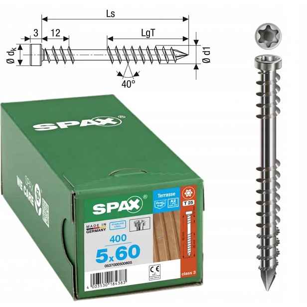 Terasové vruty ocel A2 Spax 5x60 mm 400 ks stříbrné