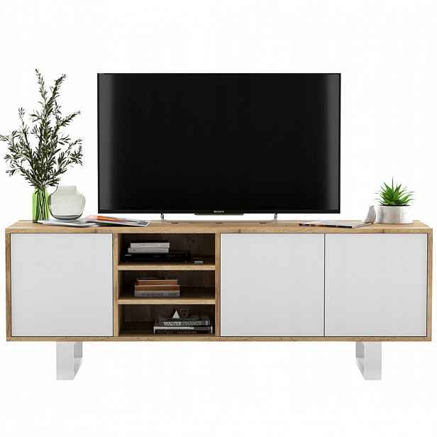 Meble Lindner TV stolek Apollo dub Wotan / bílá matná 150 cm s kovovými nohami