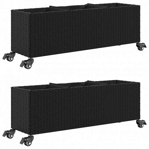 vidaXL Zahradní truhlíky s kolečky 2 ks černé 107x32x38 cm polyratan