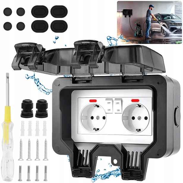 Dvojitá Venkovní Elektrická Zahradní Zásuvka Vodotěsná 230V Sada