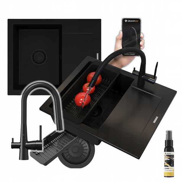 Granitový dřez Bello Set černý Dřez třícestná baterie 4v1