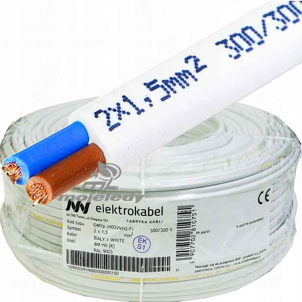 Kabel plochý měděný bílý OMYp 2x1,5 mm Lanko 50 m
