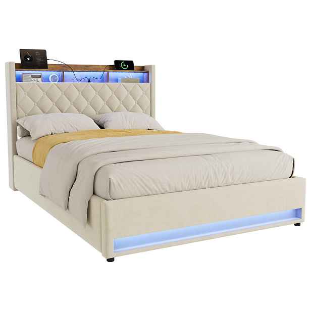 WISHDOR ČALOUNĚNÁ POSTEL 140/190 cm v béžovém sametu, s úložným prostorem, USB, LED, bez matrace