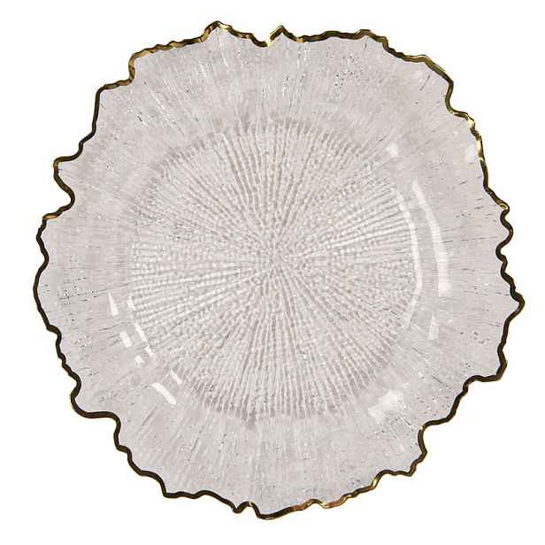 Transparentní servírovací talíř s vlnitým zlatým okrajem - Ø 33*1 cm Clayre & Eef