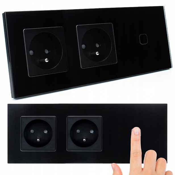 2x Elektrická Zásuvka s dvojitým uzemněním, černá, skleněný dotykový spínač