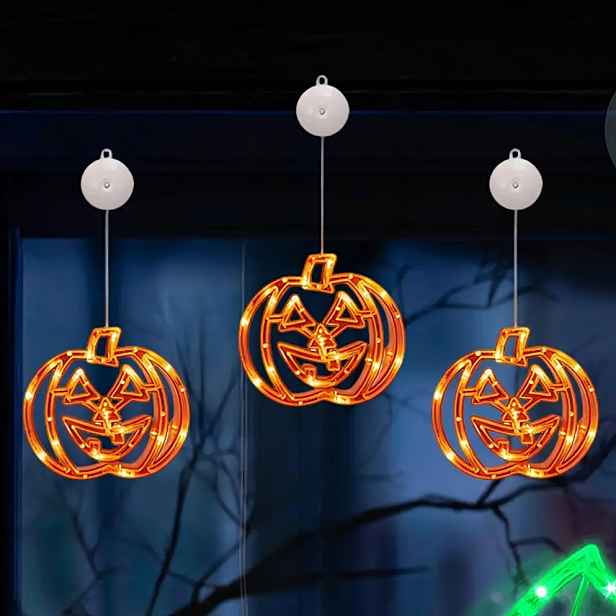 TEMU Halloweenské dekorativní řetězové světla s přísavkou | Bezplamenná vnitřní bateriová lampa na sklo | Neonový nápis s dýní | Sada pohádkových