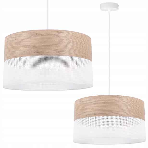 Závěsná Stropní Lampa Lustr Elegantní Boho Bílá Stínidlo Dýha Dub 40 CM