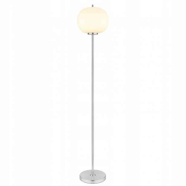 Stříbrná podlahová lampa Blacky s měkkým světlem vedle křesla Globo