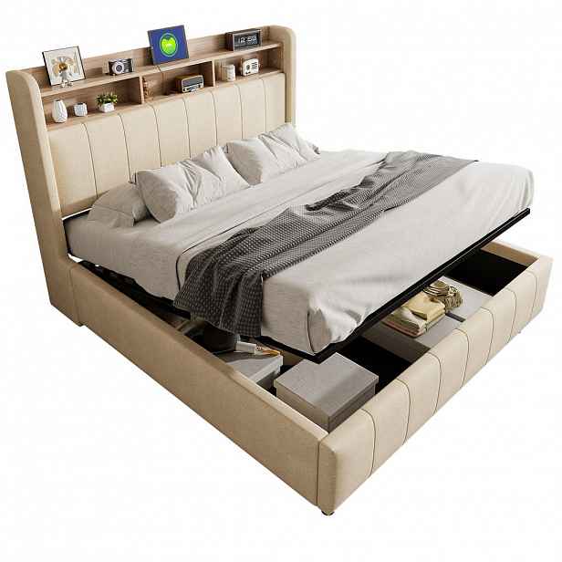FLIEKS ČALOUNĚNÁ POSTEL 160x200cm Úložná LED USB Béžová