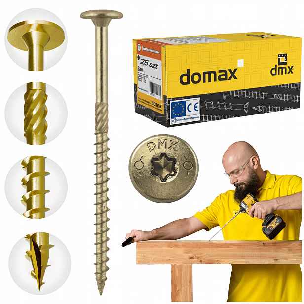 Tesařské Vruty 10x340 Talířové Torx 25 ks Do Dřeva Domax Ct Zlaté