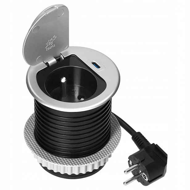 Nábytková zásuvka Ø6 cm, 1,9 m, 1x2P+Z (French), 1xUSB (typ C; PD20W), stříbrná