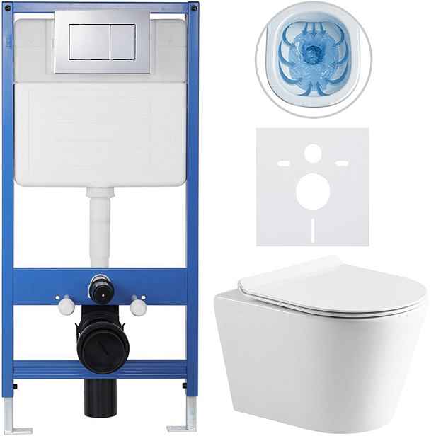 Kompletní WC set Profi/Carlito - bílá lesklá - WC tlačítko Classic/Chrom - předstěnová instalace - 48,5x36,5 cm