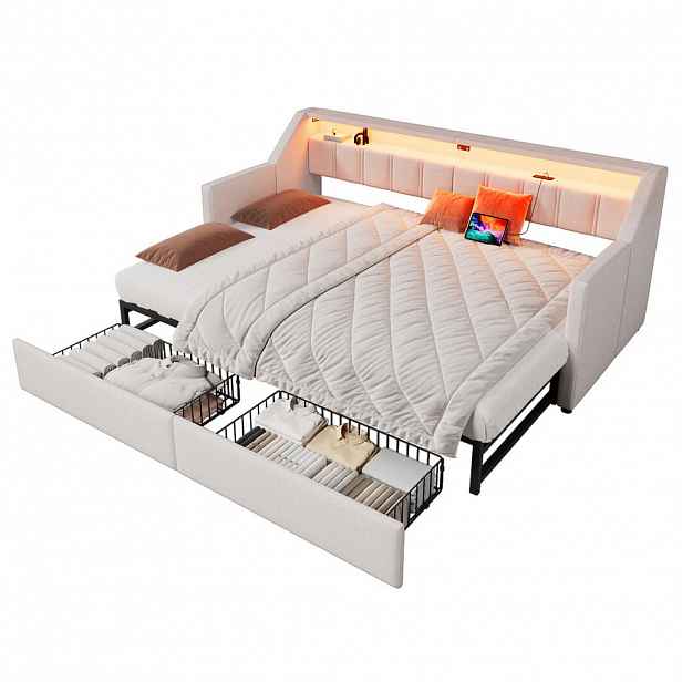 FLIEKS DENNÍ POSTEL 90x200cm USB-C LED Zásuvky Rozkládací Béžová