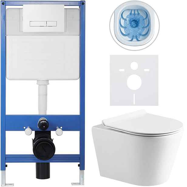 Kompletní WC set Profi/Carlito - bílá lesklá - WC tlačítko Slim/Bílá - předstěnová instalace - 48,5x36,5 cm