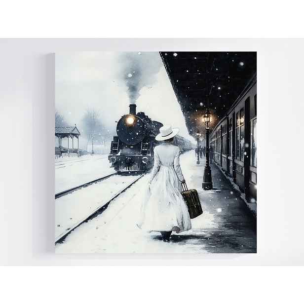 Obraz Na Plátně Canvas Akvarel Cestování Vlak Parovoz Žena Zima 50x50