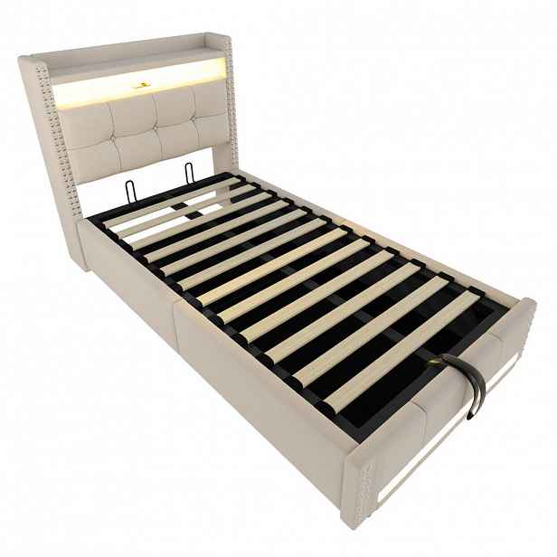 Modfu DĚTSKÁ čalouněná postel z lněné tkaniny 90x200 cm béžová s LED osvětlením, USB portem a hydraulickým úložným prostorem