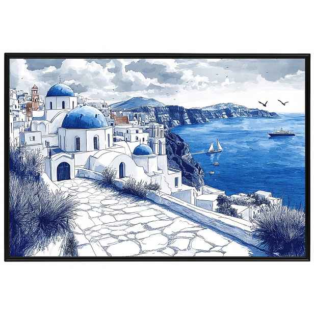 Plakát Rámeček Hliníkový Řecko Santorini Moře Kostel Modrý 60x40