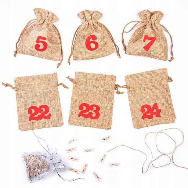 Adventní kalendář sada 24 prázdných sáčků s čísly, girlanda, dekorace
