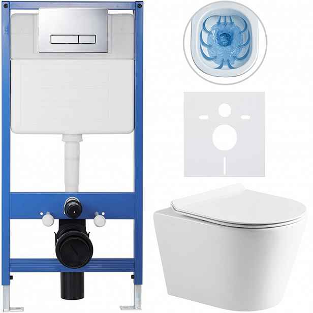 Kompletní WC set Profi/Carlito - bílá lesklá - WC tlačítko Slim/Chrom - předstěnová instalace - 48,5x36,5 cm
