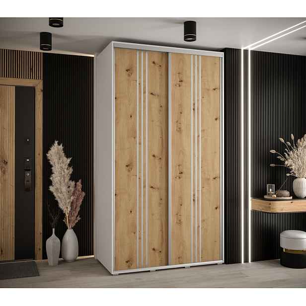 Šatní skříň YVONA 6 - 130/60 cm, bílá / dub artisan / stříbrná