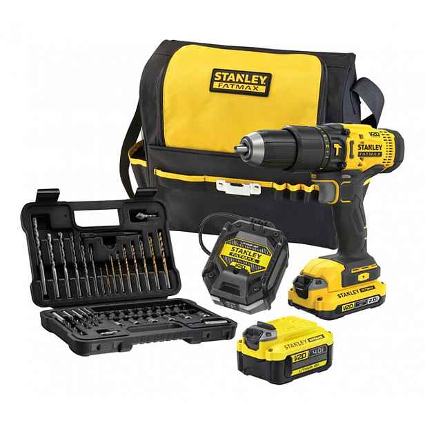 Stanley - 18V AKU vrtačka s příklepem s příslušenstvím, 1x aku 2,0 Ah, 1x aku 4,0 Ah Li-Ion, nabíječka SFMCD711DMA-QW