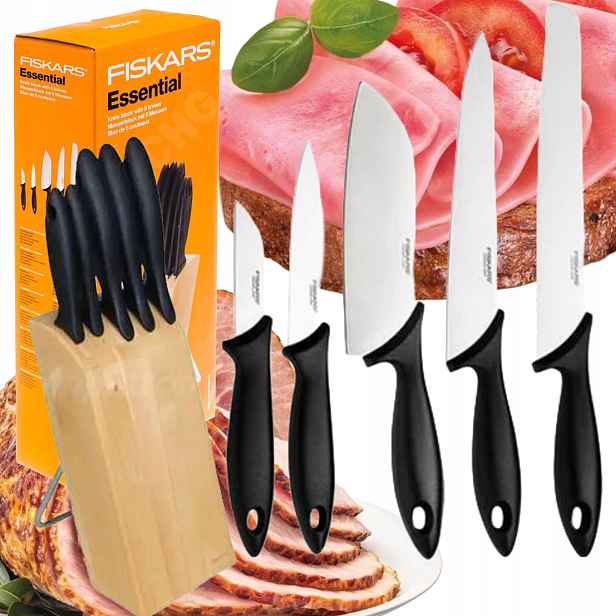 Fiskars Essential Sada 5 Kuchyňských Nožů V Dřevěném Bloku, Sada Ostrá