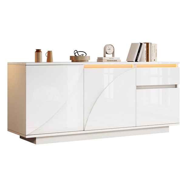 EVRYAE SIDEBOARD Boční skříňka 140/40/60 cm se 3 dvířky a zásuvkou, LED ovládání přes aplikaci, vysoký lesk Bílá, MDF