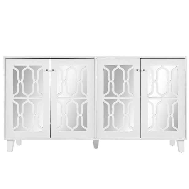 Redom SIDEBOARD 160/84/40 cm se čtyřmi dvířky a posuvnou vnitřní policí, zrcadlový povrch a skleněné úchytky, Bílá
