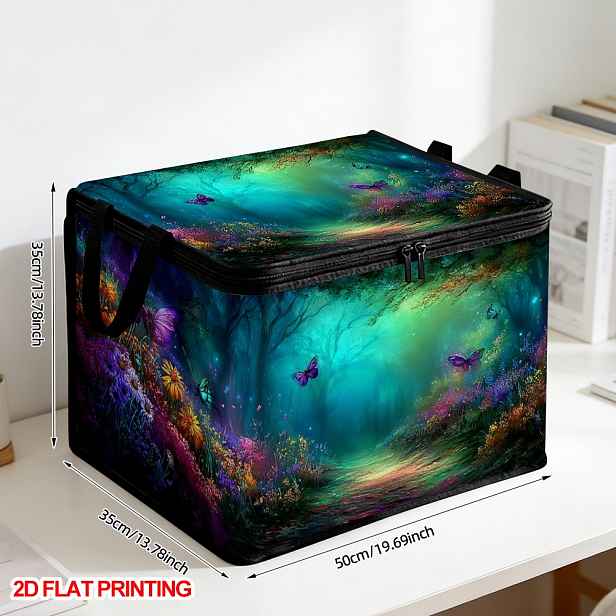 TEMU (2D Plochý) 1ks Úložný koš na oblečení Kouzelný motýlí les, skládací taška se zipovým víkem, úložný na ložní prádlo, organizér do koupelny,
