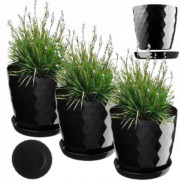 3 ks Květináč Obal Na Květináč 20 cm Květinový Záhon S Podstavcem Černý Plastový