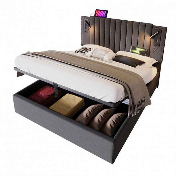 OKWISH ČALOUNĚNÁ postel 140x200 cm šedá z bavlny s LED čtecím světlem, USB a úložným prostorem