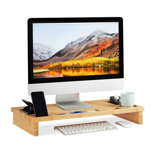 Relaxdays STOJAN NA MONITOR Přírodní bambus se 7 přihrádkami 60x30 cm