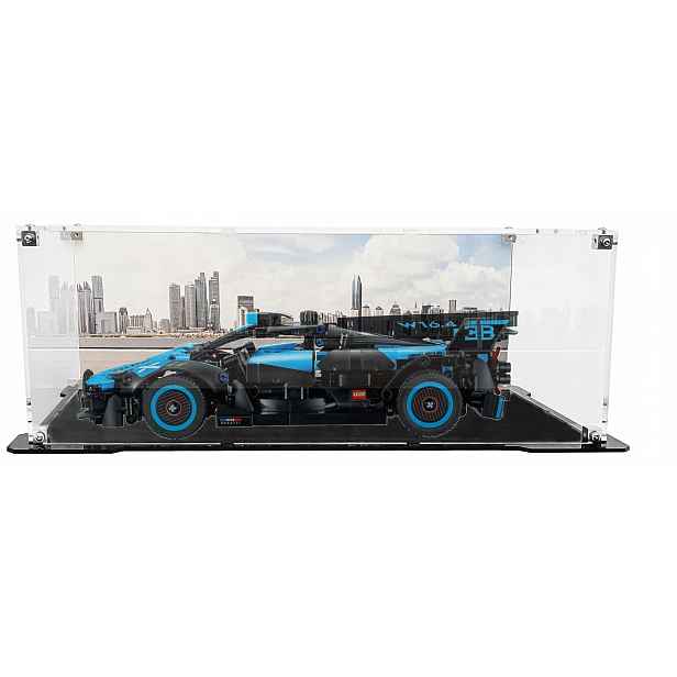 Vitrína s černou základnou a pozadím pro sadu Lego 42162 Bugatti Bolide Blue