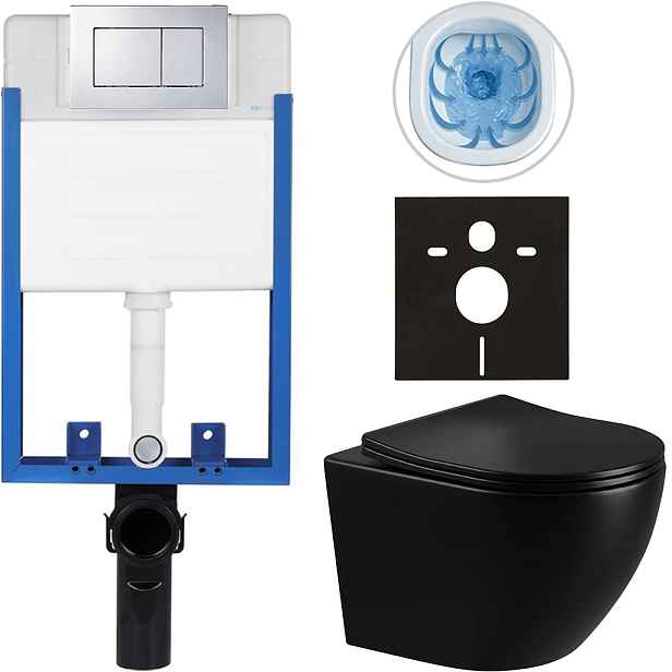 Kompletní WC set Profi/Cesso - černá lesklá - WC tlačítko Classic/Chrom - pro zazdění - 49x36 cm
