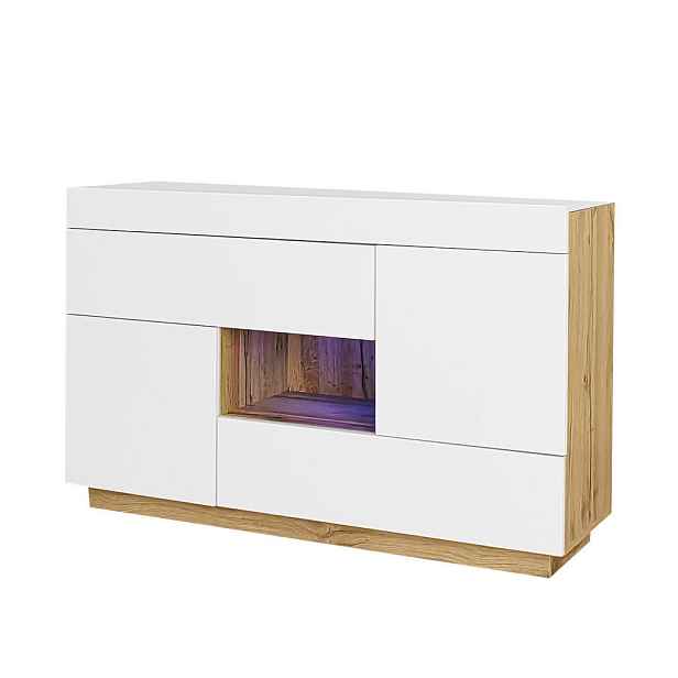 Redom SIDEBOARD 120/37/76,5 cm s LED osvětlením, lesklým čelem a praktickým úložným prostorem, Bílá