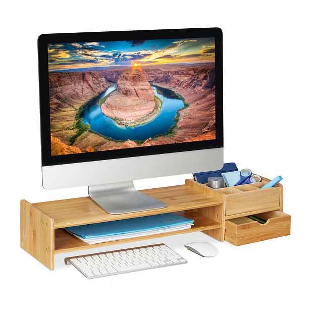 Relaxdays STOJAN NA MONITOR Přírodní bambus se zásuvkou 70 cm