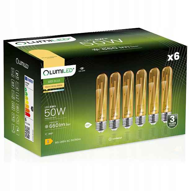 6X Led žárovka E27 Tuba T30 6W 50W 2200K Lumiled