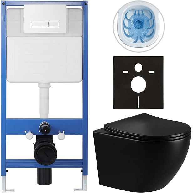 Kompletní WC set Profi/Cesso - černá lesklá - WC tlačítko Slim/Bílá - předstěnová instalace - 49x36 cm