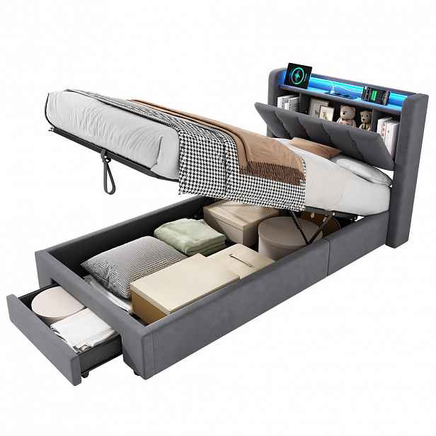 OKWISH ČALOUNĚNÁ postel 90/190 cm šedá s LED lištou osvětlení a USB porty