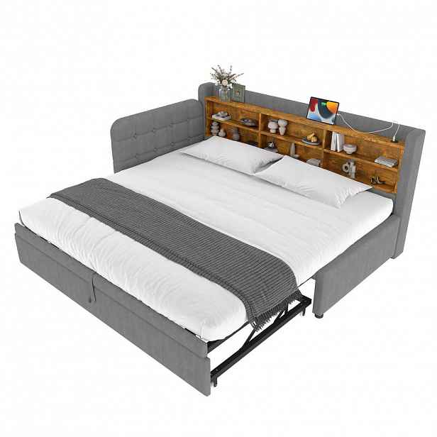 FLIEKS DENNÍ POSTEL 90/180x200cm Len Rozkládací USB-C Šedá