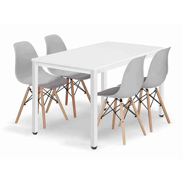 Jídelní set stůl 120x60 cm v loftovém stylu, bílý 4 skandinávské židle, šedé